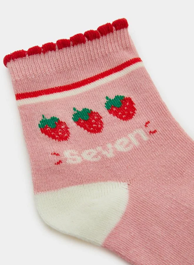 Styli Pack Of 5 - Girls Strawberry Print Cotton Socks